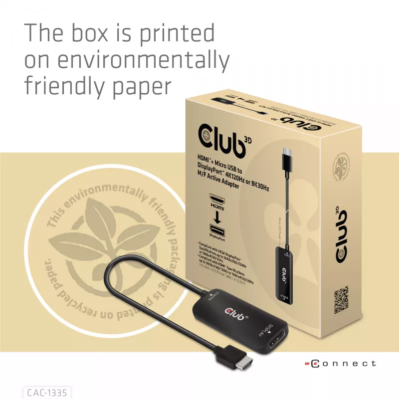 CLUB3D HDMI + Micro USB uz DisplayPort™ 4K120Hz vai 8K30Hz M/F aktīvais adapteris