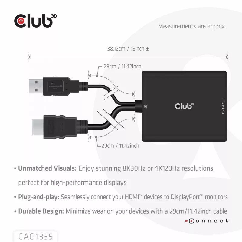 CLUB3D HDMI + Micro USB uz DisplayPort™ 4K120Hz vai 8K30Hz M/F aktīvais adapteris