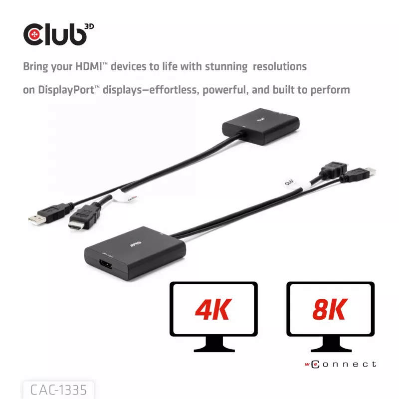 CLUB3D HDMI + Micro USB uz DisplayPort™ 4K120Hz vai 8K30Hz M/F aktīvais adapteris