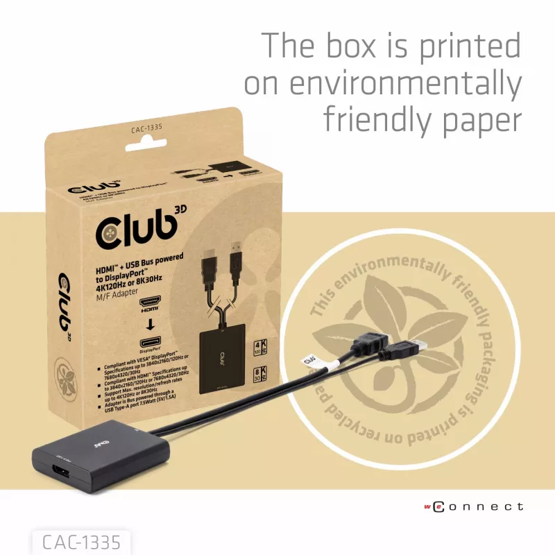 CLUB3D HDMI + Micro USB uz DisplayPort™ 4K120Hz vai 8K30Hz M/F aktīvais adapteris