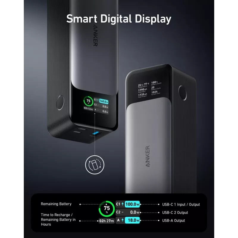 Pārnēsājamais lādētājs Anker 737 (A1289011) — 24000 mAh, 140W, 2× USB-C + 1× USB-A, Sudrabs/Melns