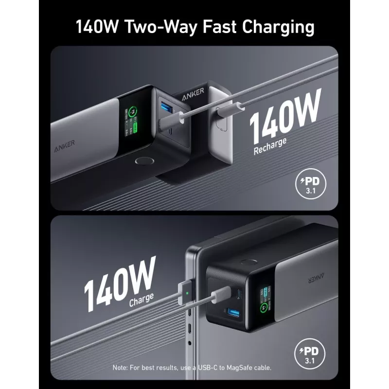 Pārnēsājamais lādētājs Anker 737 (A1289011) — 24000 mAh, 140W, 2× USB-C + 1× USB-A, Sudrabs/Melns