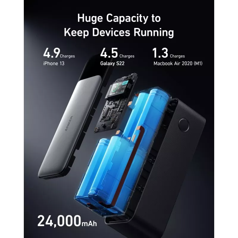Pārnēsājamais lādētājs Anker 737 (A1289011) — 24000 mAh, 140W, 2× USB-C + 1× USB-A, Sudrabs/Melns
