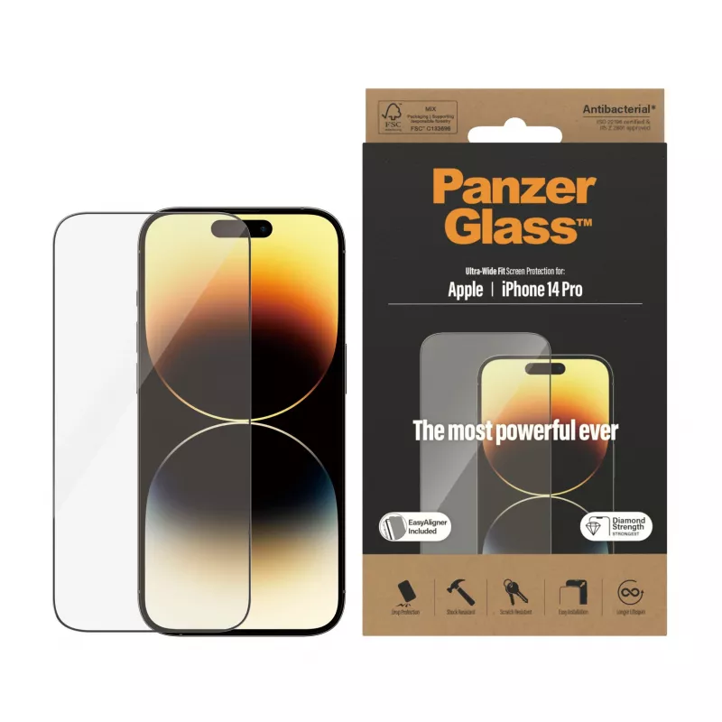 PanzerGlass ekrāna aizsargs Apple iPhone 14 Pro Ultra-Wide Fit EasyAligner – triecienizturīgs, pret skrāpējumiem