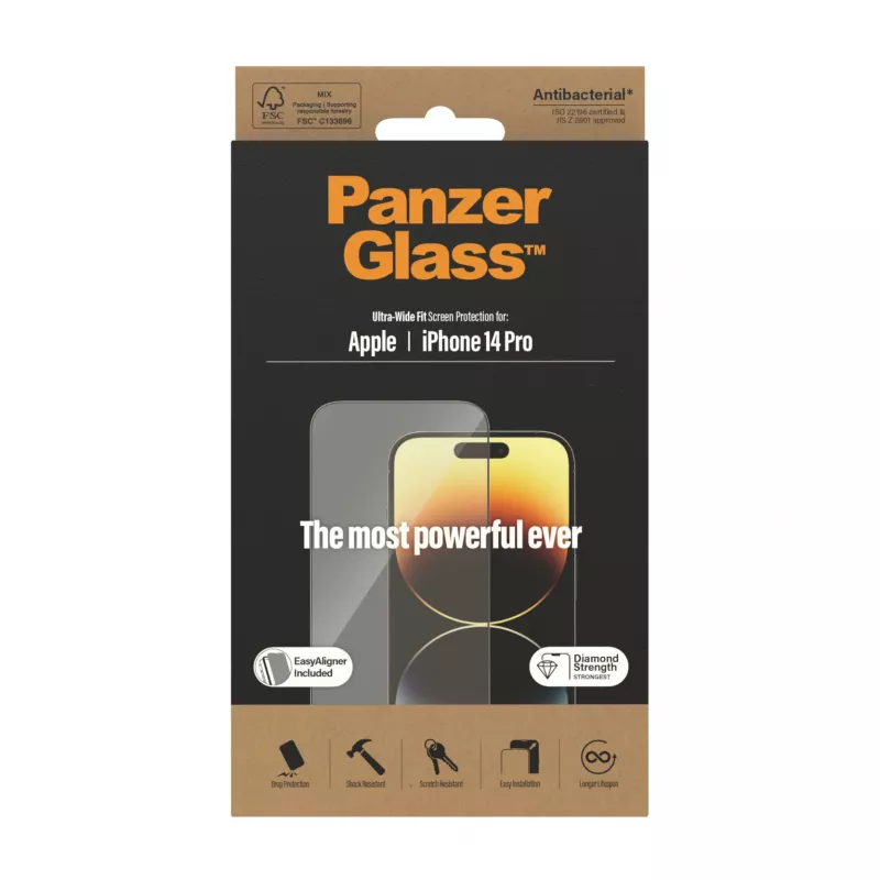 PanzerGlass ekrāna aizsargs Apple iPhone 14 Pro Ultra-Wide Fit EasyAligner – triecienizturīgs, pret skrāpējumiem