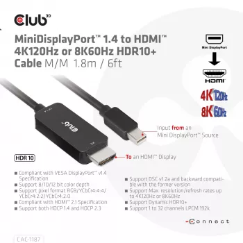CLUB3D MiniDisplayPort 1.4 uz HDMI 4K120Hz vai 8K60Hz HDR10+ kabelis M/M 1.8m