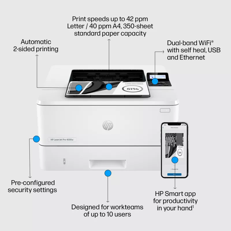 Printeris HP LaserJet Pro 4002dw balts