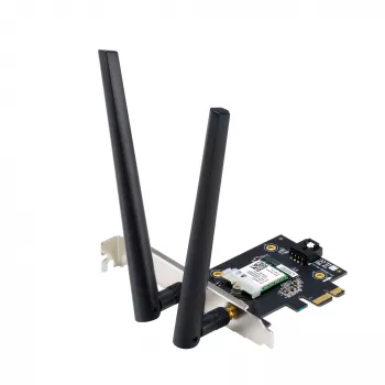 Iekšējā WLAN karte ASUS PCE-AXE5400 — PCIe, Wi‑Fi 6E trīsjoslu (2.4/5/6 GHz), 2402 Mbps, Bluetooth 5.2