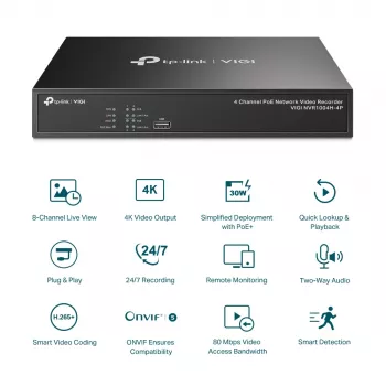 TP-Link VIGI 4 kanālu PoE+ tīkla video ierakstītājs NVR1004H-4P