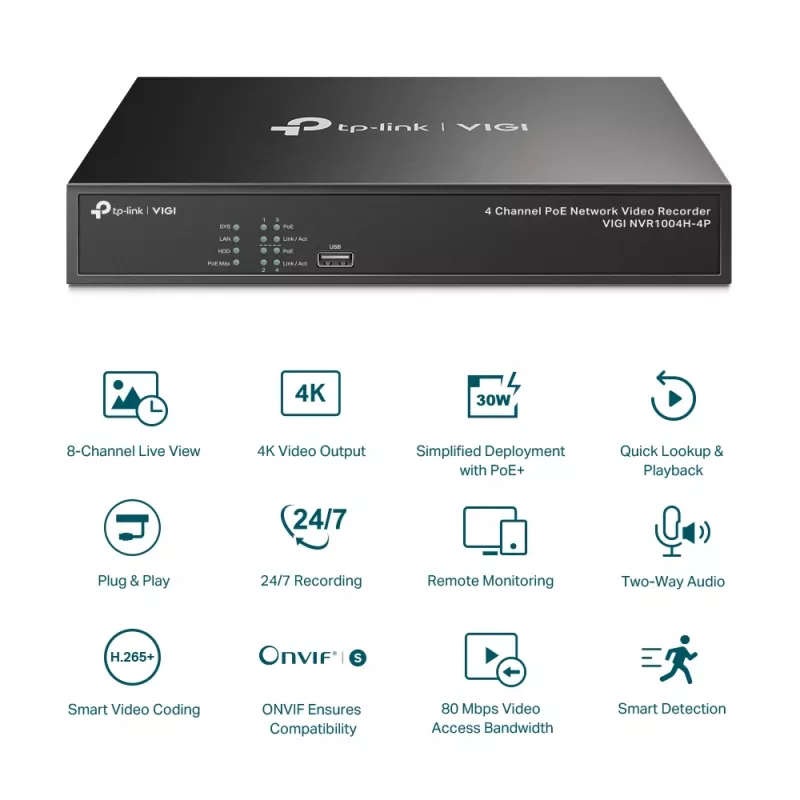 TP-Link VIGI 4 kanālu PoE+ tīkla video ierakstītājs NVR1004H-4P
