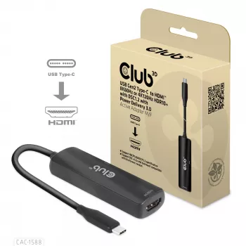 CLUB3D USB Gen2 Type-C uz HDMI™ 8K60Hz vai 4K120Hz HDR10+ ar DSC1.2 un Power Delivery 3.0 Aktīvais Adapteris M/F