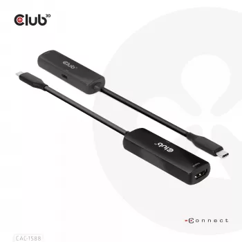 CLUB3D USB Gen2 Type-C uz HDMI™ 8K60Hz vai 4K120Hz HDR10+ ar DSC1.2 un Power Delivery 3.0 Aktīvais Adapteris M/F