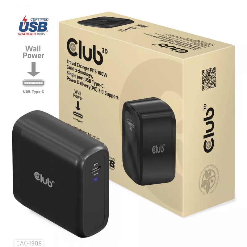 CLUB3D Ceļojumu Lādētājs 100 W GaN, USB-IF TID sertificēts, viens USB Type-C ports, Power Delivery 3.0 atbalsts