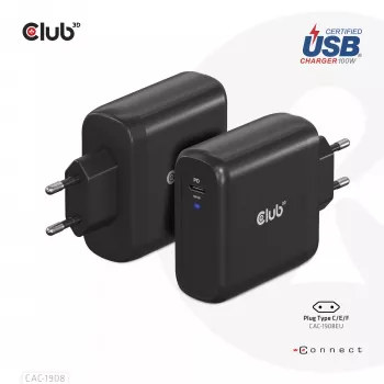 CLUB3D Ceļojumu Lādētājs 100 W GaN, USB-IF TID sertificēts, viens USB Type-C ports, Power Delivery 3.0 atbalsts