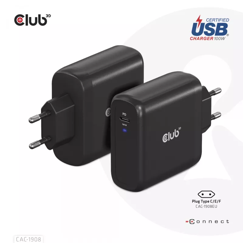 CLUB3D Ceļojumu Lādētājs 100 W GaN, USB-IF TID sertificēts, viens USB Type-C ports, Power Delivery 3.0 atbalsts