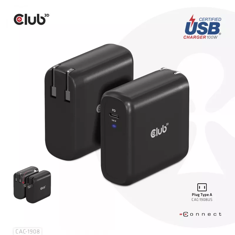 CLUB3D Ceļojumu Lādētājs 100 W GaN, USB-IF TID sertificēts, viens USB Type-C ports, Power Delivery 3.0 atbalsts