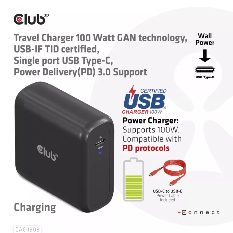 CLUB3D Ceļojumu Lādētājs 100 W GaN, USB-IF TID sertificēts, viens USB Type-C ports, Power Delivery 3.0 atbalsts