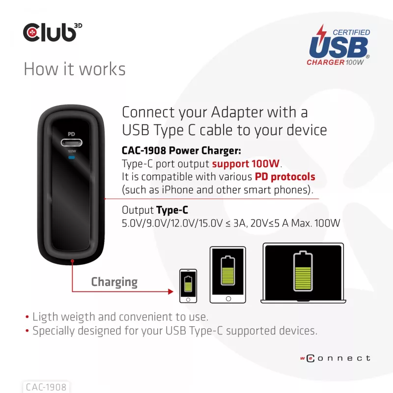 CLUB3D Ceļojumu Lādētājs 100 W GaN, USB-IF TID sertificēts, viens USB Type-C ports, Power Delivery 3.0 atbalsts