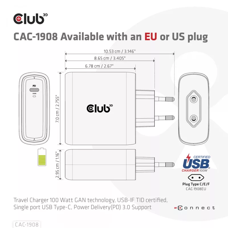CLUB3D Ceļojumu Lādētājs 100 W GaN, USB-IF TID sertificēts, viens USB Type-C ports, Power Delivery 3.0 atbalsts