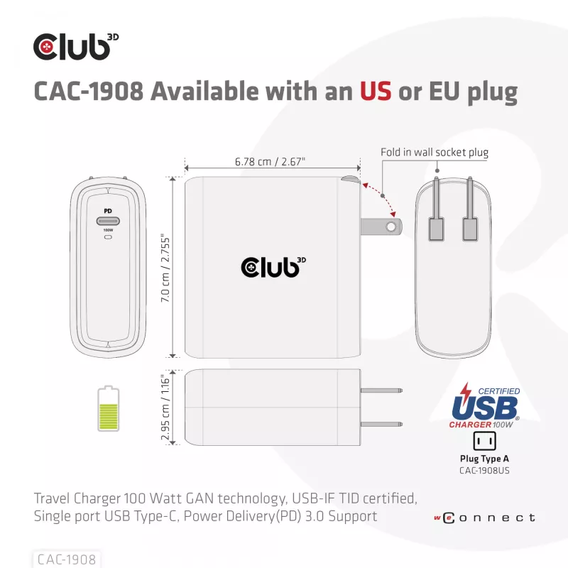 CLUB3D Ceļojumu Lādētājs 100 W GaN, USB-IF TID sertificēts, viens USB Type-C ports, Power Delivery 3.0 atbalsts