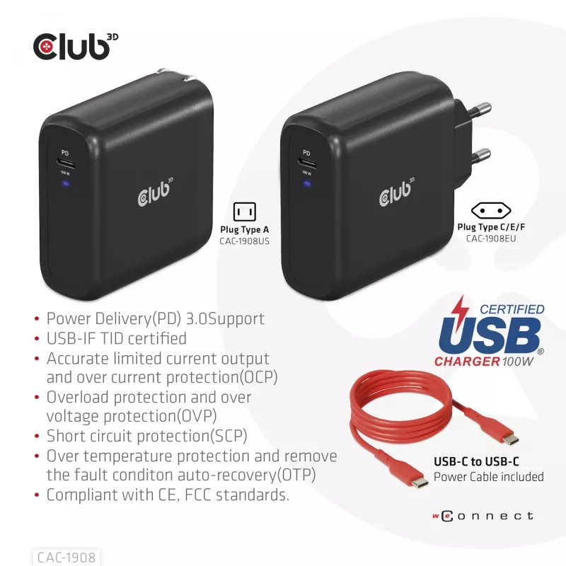 CLUB3D Ceļojumu Lādētājs 100 W GaN, USB-IF TID sertificēts, viens USB Type-C ports, Power Delivery 3.0 atbalsts