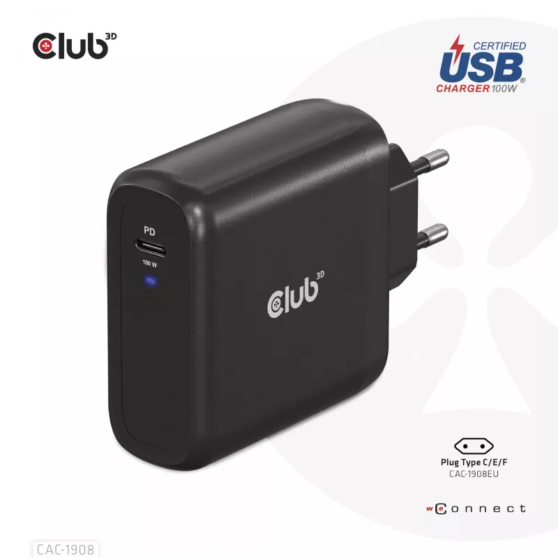 CLUB3D Ceļojumu Lādētājs 100 W GaN, USB-IF TID sertificēts, viens USB Type-C ports, Power Delivery 3.0 atbalsts