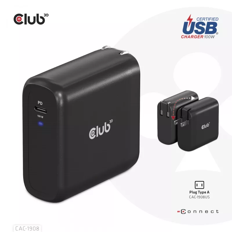 CLUB3D Ceļojumu Lādētājs 100 W GaN, USB-IF TID sertificēts, viens USB Type-C ports, Power Delivery 3.0 atbalsts