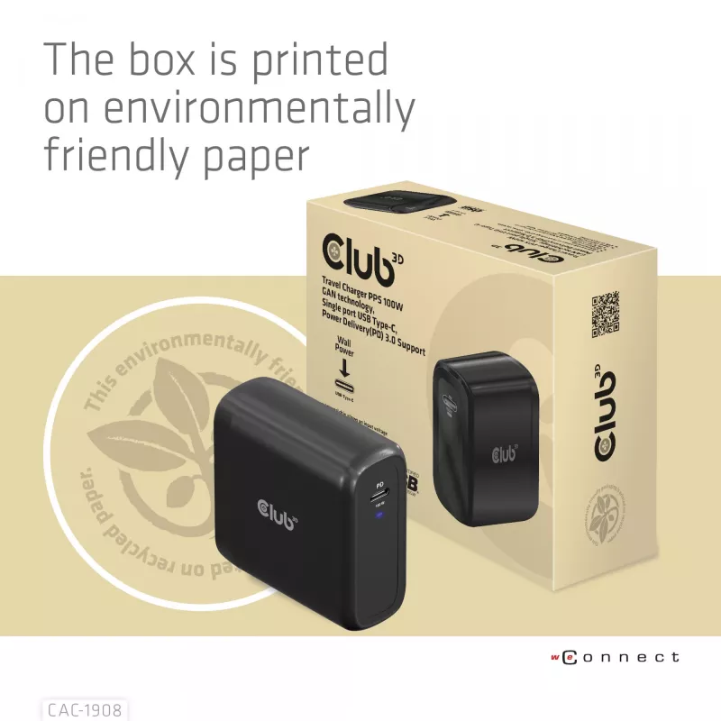 CLUB3D Ceļojumu Lādētājs 100 W GaN, USB-IF TID sertificēts, viens USB Type-C ports, Power Delivery 3.0 atbalsts