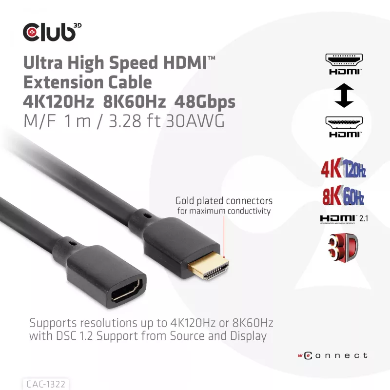 Club 3D CAC-1322 Ultra High Speed HDMI 2.1 pagarinātājkabelis, 4K, M/F, 1 m, melns
