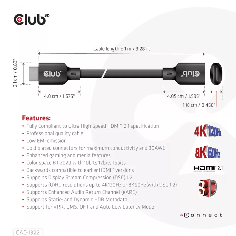 Club 3D CAC-1322 Ultra High Speed HDMI 2.1 pagarinātājkabelis, 4K, M/F, 1 m, melns