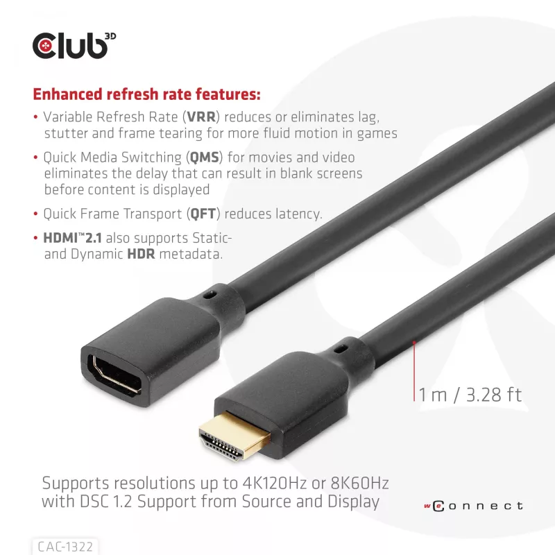 Club 3D CAC-1322 Ultra High Speed HDMI 2.1 pagarinātājkabelis, 4K, M/F, 1 m, melns
