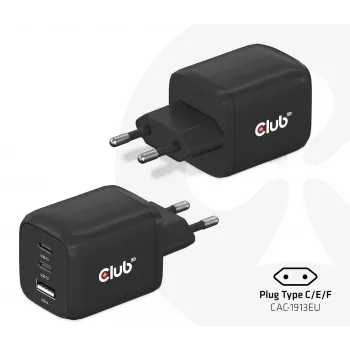 CLUB3D CAC-1913 Ceļojumu lādētājs PPS 65W GaN tehnoloģija, Trīs porti (2x USB Type-C + USB Type-A) Power Delivery 3.0 atbalsts