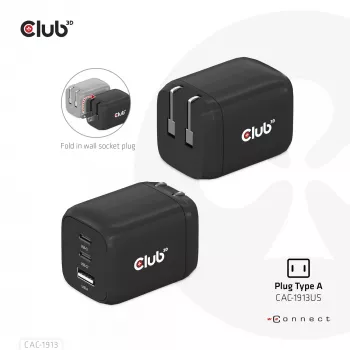 CLUB3D CAC-1913 Ceļojumu lādētājs PPS 65W GaN tehnoloģija, Trīs porti (2x USB Type-C + USB Type-A) Power Delivery 3.0 atbalsts