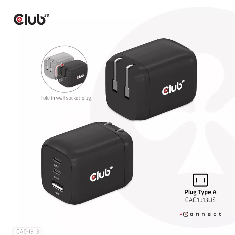CLUB3D CAC-1913 Ceļojumu lādētājs PPS 65W GaN tehnoloģija, Trīs porti (2x USB Type-C + USB Type-A) Power Delivery 3.0 atbalsts