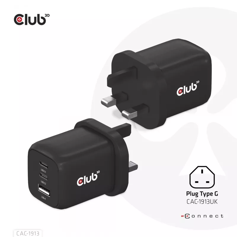 CLUB3D CAC-1913 Ceļojumu lādētājs PPS 65W GaN tehnoloģija, Trīs porti (2x USB Type-C + USB Type-A) Power Delivery 3.0 atbalsts