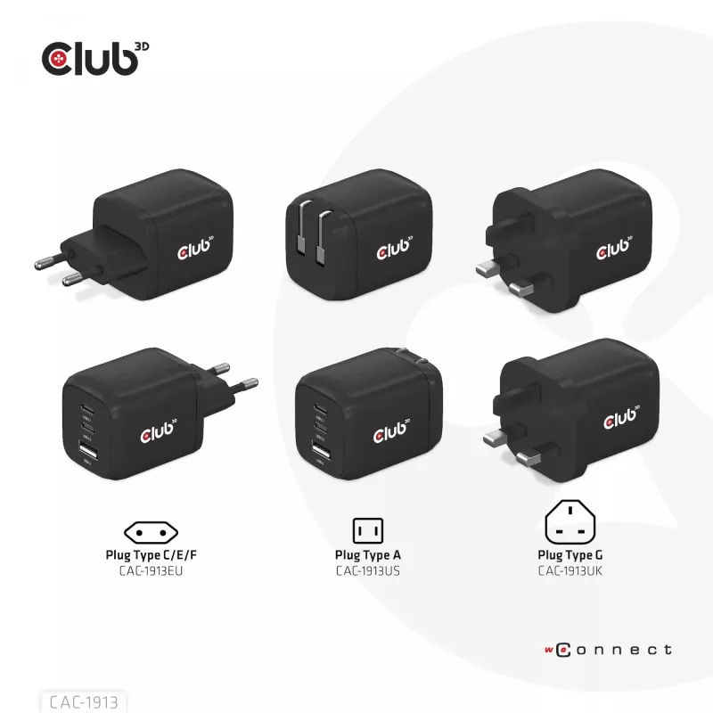 CLUB3D CAC-1913 Ceļojumu lādētājs PPS 65W GaN tehnoloģija, Trīs porti (2x USB Type-C + USB Type-A) Power Delivery 3.0 atbalsts