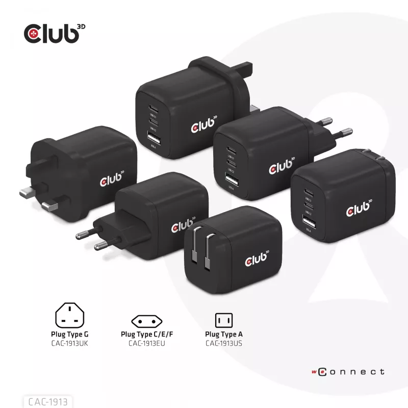 CLUB3D CAC-1913 Ceļojumu lādētājs PPS 65W GaN tehnoloģija, Trīs porti (2x USB Type-C + USB Type-A) Power Delivery 3.0 atbalsts