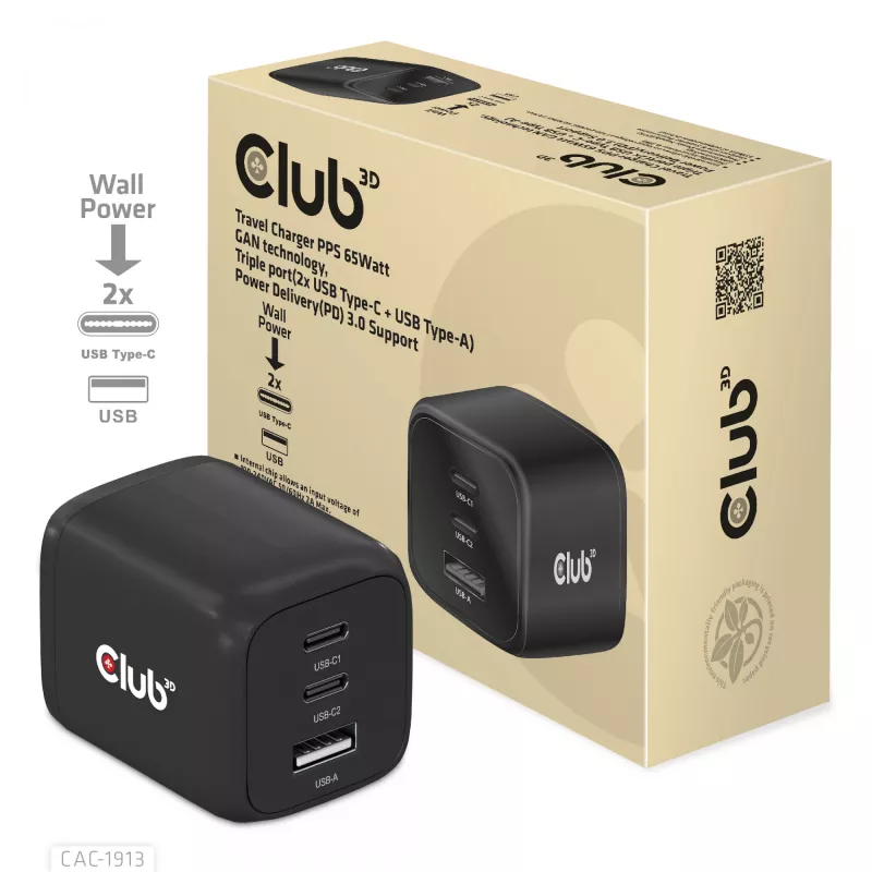 CLUB3D CAC-1913 Ceļojumu lādētājs PPS 65W GaN tehnoloģija, Trīs porti (2x USB Type-C + USB Type-A) Power Delivery 3.0 atbalsts