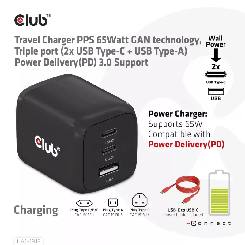 CLUB3D CAC-1913 Ceļojumu lādētājs PPS 65W GaN tehnoloģija, Trīs porti (2x USB Type-C + USB Type-A) Power Delivery 3.0 atbalsts