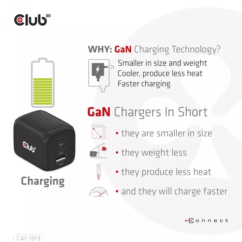 CLUB3D CAC-1913 Ceļojumu lādētājs PPS 65W GaN tehnoloģija, Trīs porti (2x USB Type-C + USB Type-A) Power Delivery 3.0 atbalsts