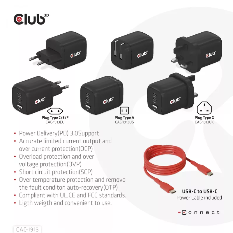 CLUB3D CAC-1913 Ceļojumu lādētājs PPS 65W GaN tehnoloģija, Trīs porti (2x USB Type-C + USB Type-A) Power Delivery 3.0 atbalsts