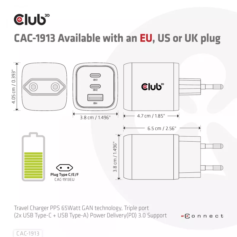 CLUB3D CAC-1913 Ceļojumu lādētājs PPS 65W GaN tehnoloģija, Trīs porti (2x USB Type-C + USB Type-A) Power Delivery 3.0 atbalsts