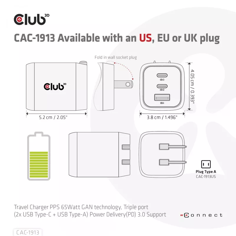 CLUB3D CAC-1913 Ceļojumu lādētājs PPS 65W GaN tehnoloģija, Trīs porti (2x USB Type-C + USB Type-A) Power Delivery 3.0 atbalsts