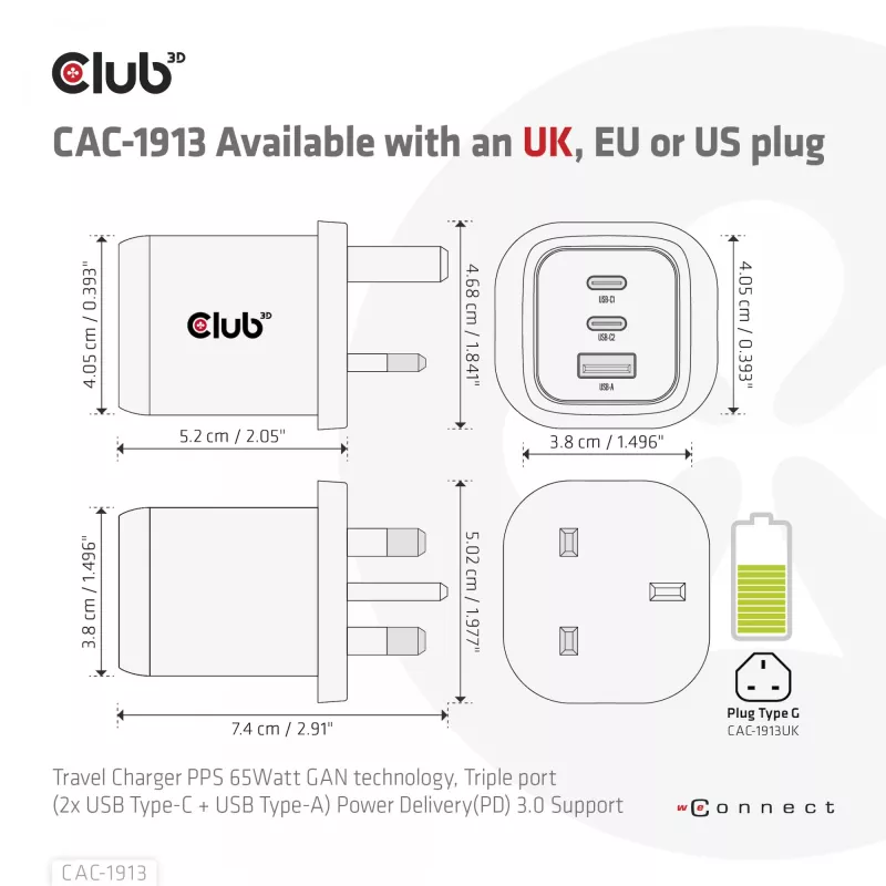 CLUB3D CAC-1913 Ceļojumu lādētājs PPS 65W GaN tehnoloģija, Trīs porti (2x USB Type-C + USB Type-A) Power Delivery 3.0 atbalsts