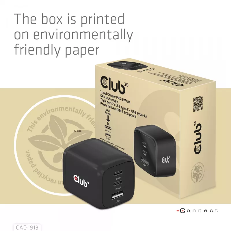 CLUB3D CAC-1913 Ceļojumu lādētājs PPS 65W GaN tehnoloģija, Trīs porti (2x USB Type-C + USB Type-A) Power Delivery 3.0 atbalsts