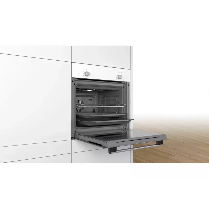 Iebūvējamā elektriskā cepeškrāsns Bosch Serie 2 HBF010BV1S — 66 L, rotācijas vadība, halogēna lampa, A klase, balta