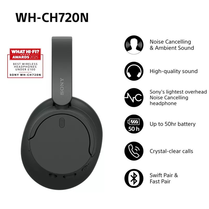 Sony WH-CH720 Bluetooth austiņas ar trokšņu slāpēšanu, melnas