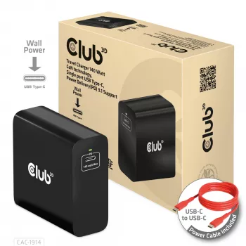 CLUB3D Ceļojumu Lādētājs 140 W GaN tehnoloģija, Viens USB Type-C ports, Power Delivery (PD) 3.1 atbalsts