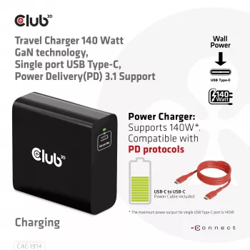 CLUB3D Ceļojumu Lādētājs 140 W GaN tehnoloģija, Viens USB Type-C ports, Power Delivery (PD) 3.1 atbalsts