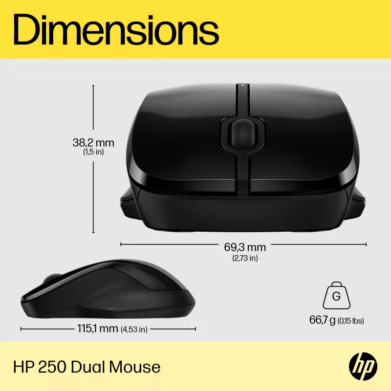HP 250 Dual Mouse, ambidekstrs, Bluetooth + USB Type-A, 1600 DPI, melns